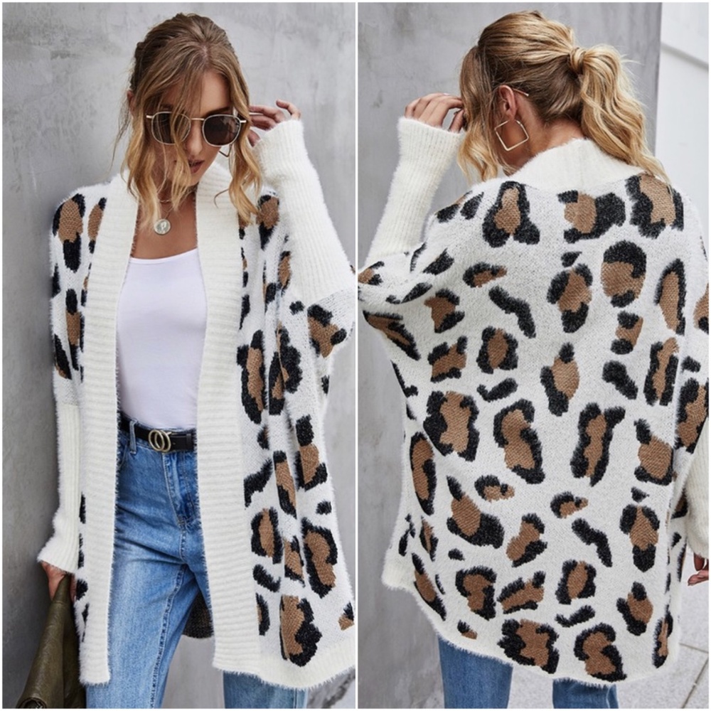 019 Cozy Leopard print fuzzy dolman sleeve fall cardigan - Picture 2 of 8